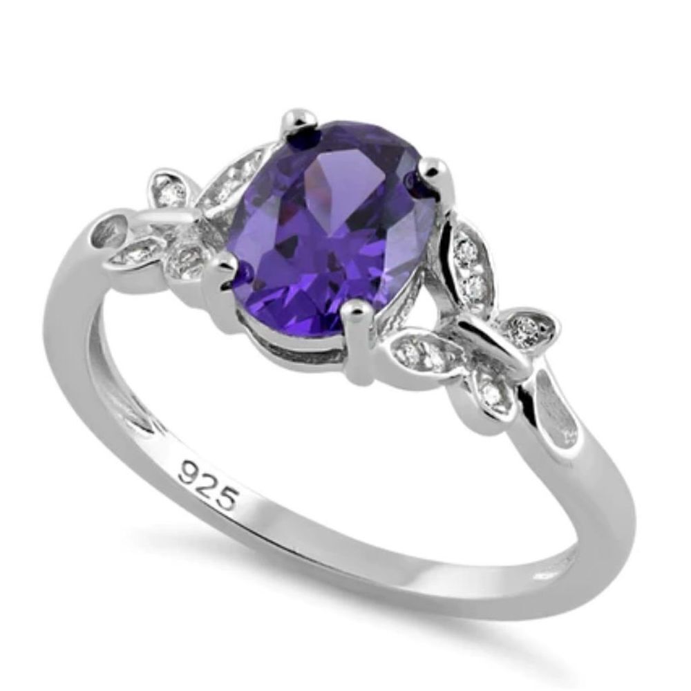 Sterling Silver Double Butterfly Amethyst Center Stone Ring New